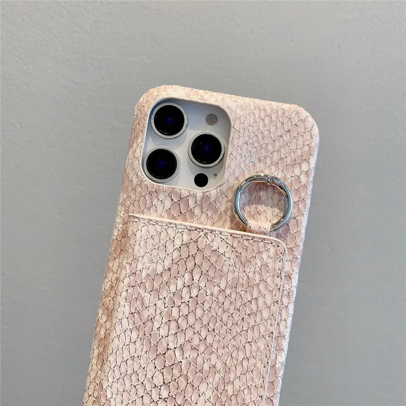 For iPhone 15 Pro Max Case Card Holder Mirror Snake Texture PU + PC Back Cover with Lanyard - White