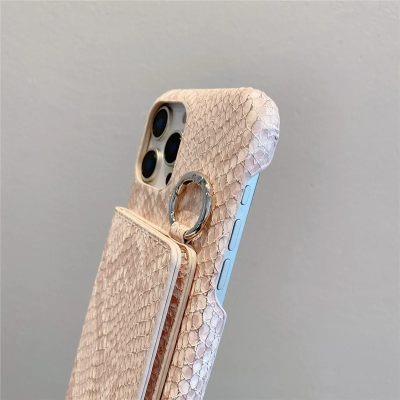 For iPhone 15 Pro Max Case Card Holder Mirror Snake Texture PU + PC Back Cover with Lanyard - White