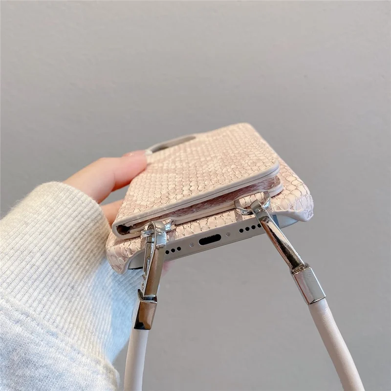 For iPhone 15 Pro Max Case Card Holder Mirror Snake Texture PU + PC Back Cover with Lanyard - White