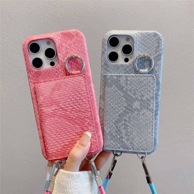 For iPhone 15 Pro Max Case Card Holder Mirror Snake Texture PU + PC Back Cover with Lanyard - White