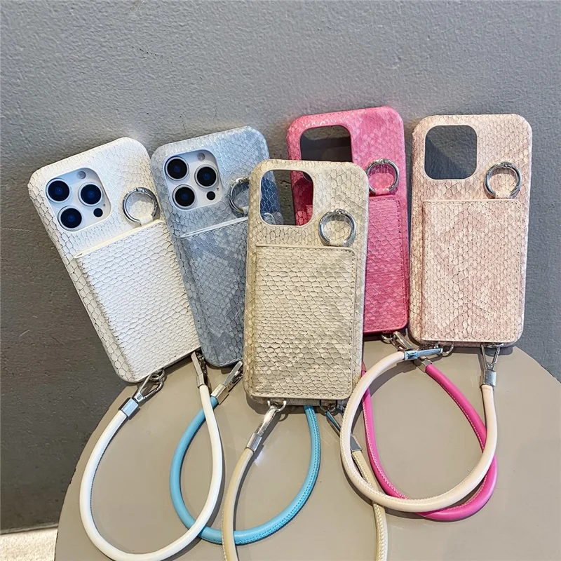 For iPhone 15 Pro Max Case Card Holder Mirror Snake Texture PU + PC Back Cover with Lanyard - White