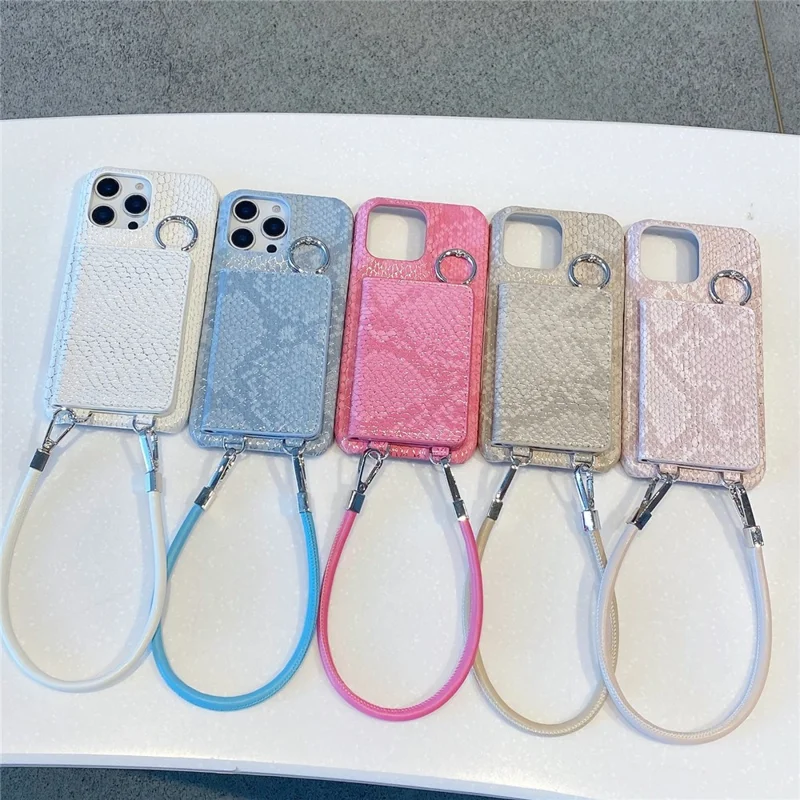 For iPhone 15 Pro Max Case Card Holder Mirror Snake Texture PU + PC Back Cover with Lanyard - White