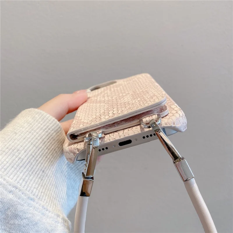 For iPhone 15 Pro Case Card Holder Mirror Snake Texture PU + PC Back Cover with Lanyard - Light Pink