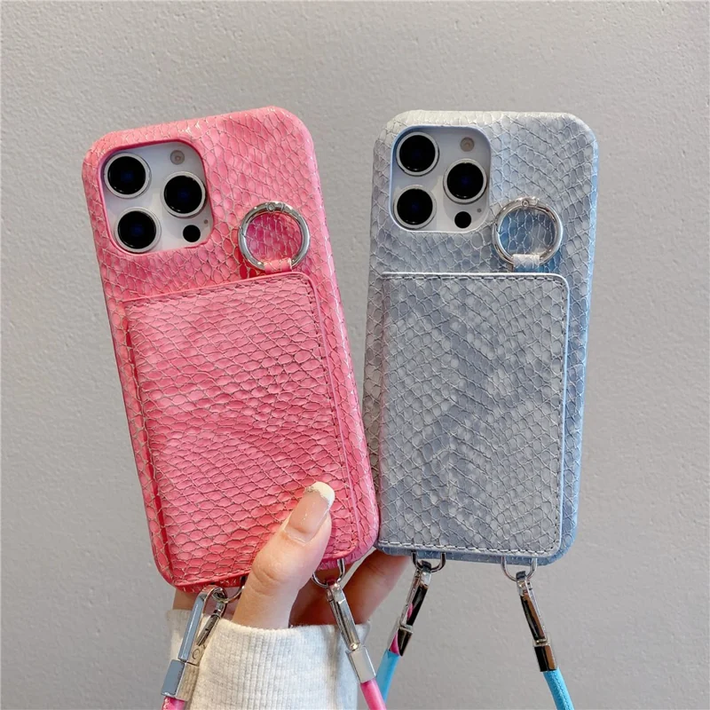 For iPhone 15 Pro Case Card Holder Mirror Snake Texture PU + PC Back Cover with Lanyard - Light Pink
