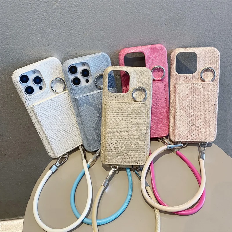 For iPhone 15 Pro Case Card Holder Mirror Snake Texture PU + PC Back Cover with Lanyard - Light Pink