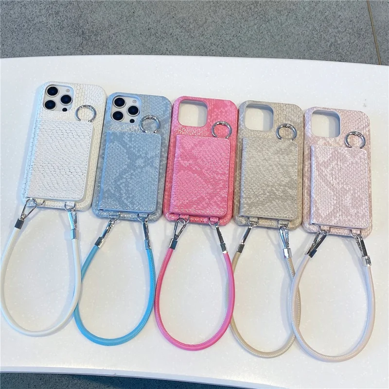 For iPhone 15 Pro Case Card Holder Mirror Snake Texture PU + PC Back Cover with Lanyard - White