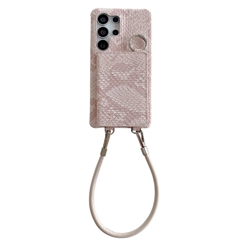 For Samsung Galaxy S24 Ultra Case Card Holder Mirror Snake Texture PU + PC Back Cover with Lanyard - Light Pink