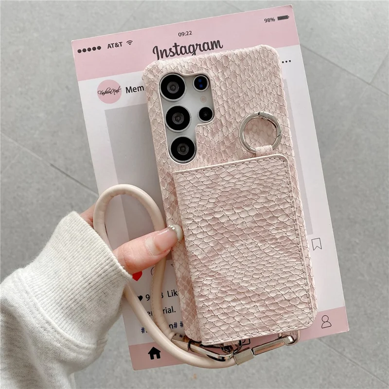 For Samsung Galaxy S24 Ultra Case Card Holder Mirror Snake Texture PU + PC Back Cover with Lanyard - Light Pink