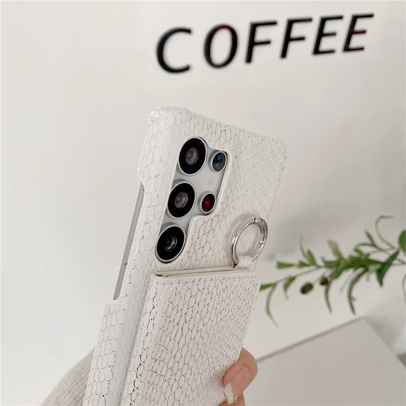 For Samsung Galaxy S24 Ultra Case Card Holder Mirror Snake Texture PU + PC Back Cover with Lanyard - Light Pink