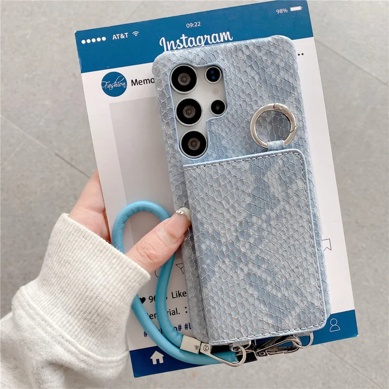 For Samsung Galaxy S24 Ultra Case Card Holder Mirror Snake Texture PU + PC Back Cover with Lanyard - Blue