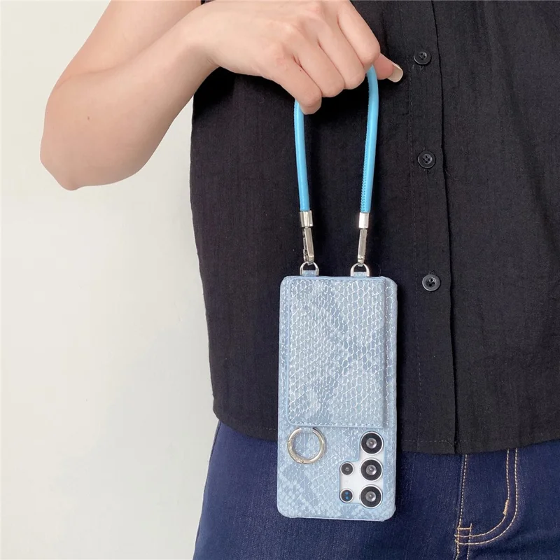 For Samsung Galaxy S24 Ultra Case Card Holder Mirror Snake Texture PU + PC Back Cover with Lanyard - Blue