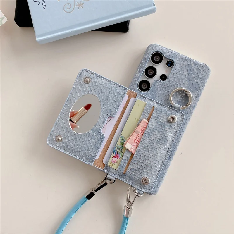 For Samsung Galaxy S24 Ultra Case Card Holder Mirror Snake Texture PU + PC Back Cover with Lanyard - Blue