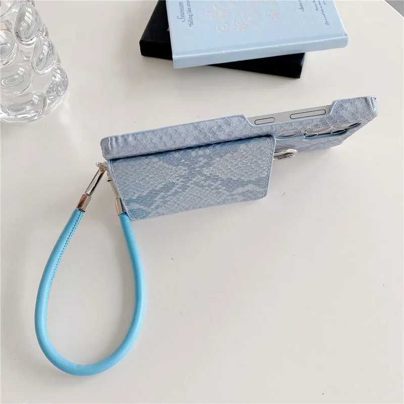 For Samsung Galaxy S24 Ultra Case Card Holder Mirror Snake Texture PU + PC Back Cover with Lanyard - Blue