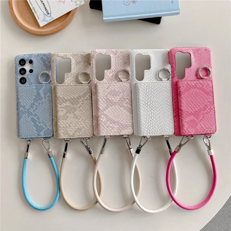 For Samsung Galaxy S24 Ultra Case Card Holder Mirror Snake Texture PU + PC Back Cover with Lanyard - Blue