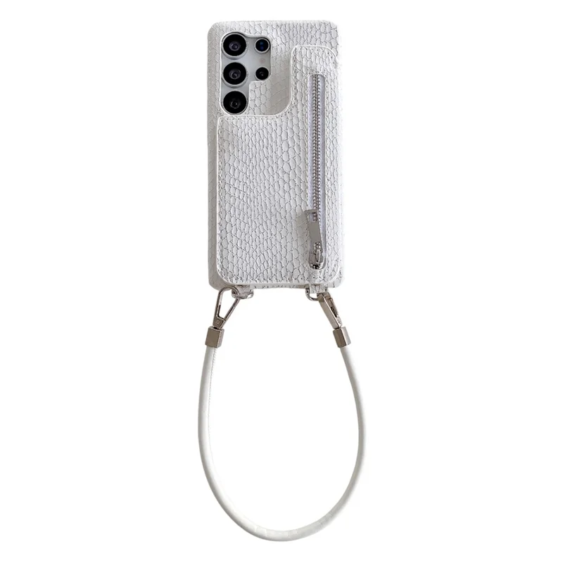 For Samsung Galaxy S24 Ultra Case Zipper Card Holder Mirror Snake Texture PU + PC Back Cover with Lanyard - White