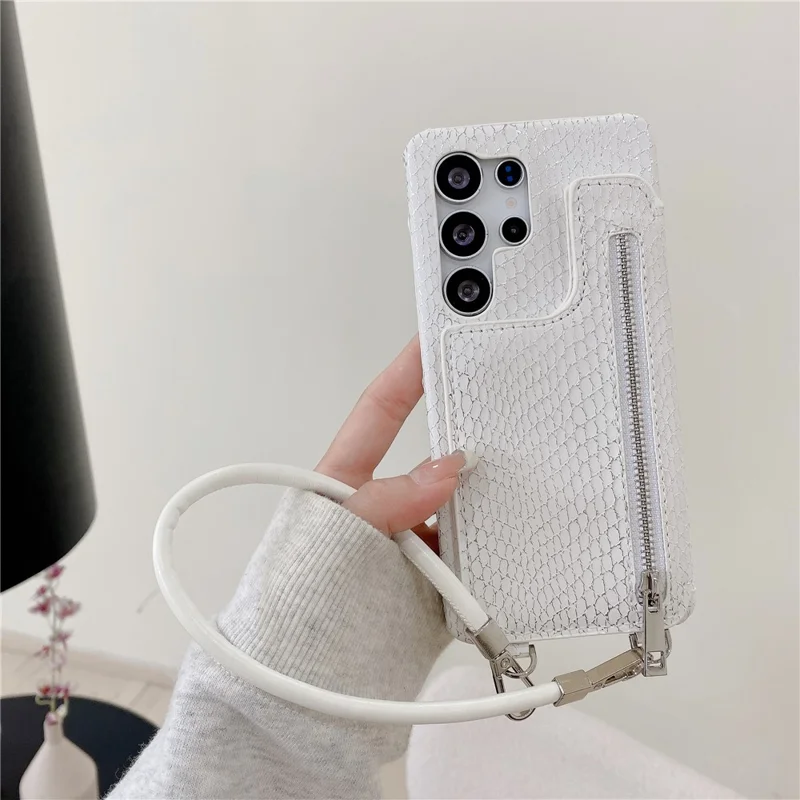 For Samsung Galaxy S24 Ultra Case Zipper Card Holder Mirror Snake Texture PU + PC Back Cover with Lanyard - White