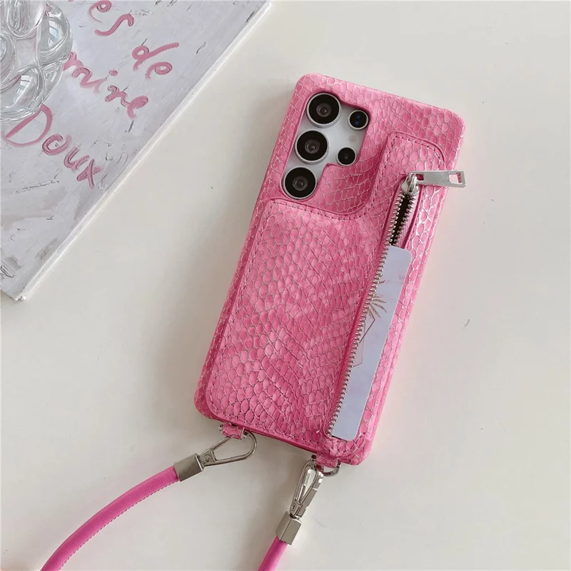For Samsung Galaxy S24 Ultra Case Zipper Card Holder Mirror Snake Texture PU + PC Back Cover with Lanyard - White