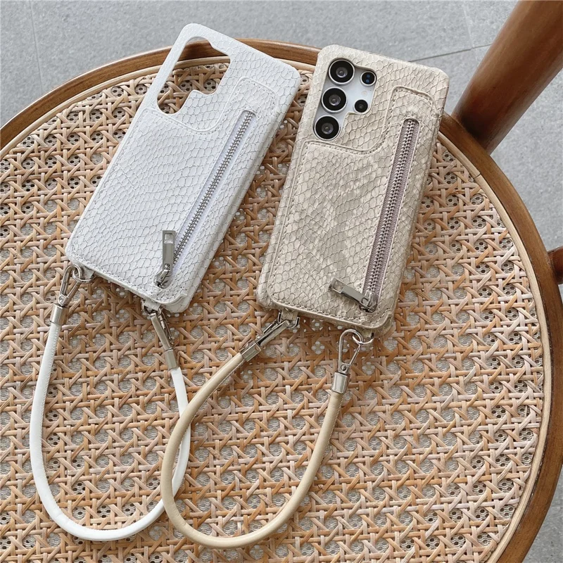 For Samsung Galaxy S24 Ultra Case Zipper Card Holder Mirror Snake Texture PU + PC Back Cover with Lanyard - White