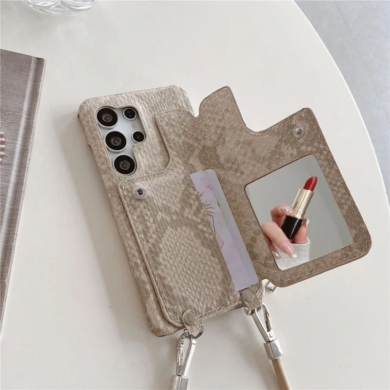 For Samsung Galaxy S24 Ultra Case Zipper Card Holder Mirror Snake Texture PU + PC Back Cover with Lanyard - White