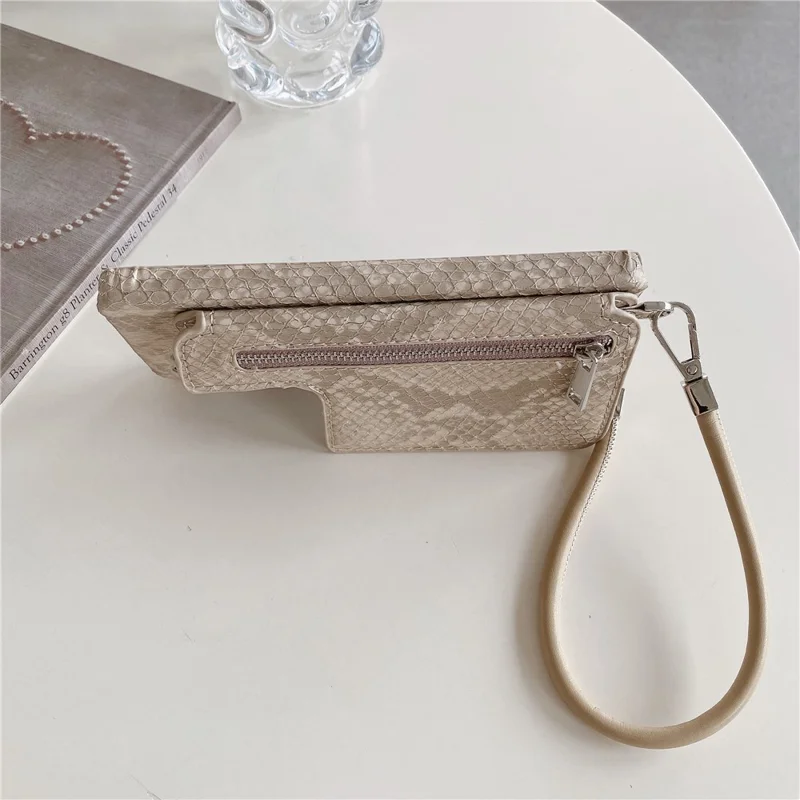 For Samsung Galaxy S24 Ultra Case Zipper Card Holder Mirror Snake Texture PU + PC Back Cover with Lanyard - White