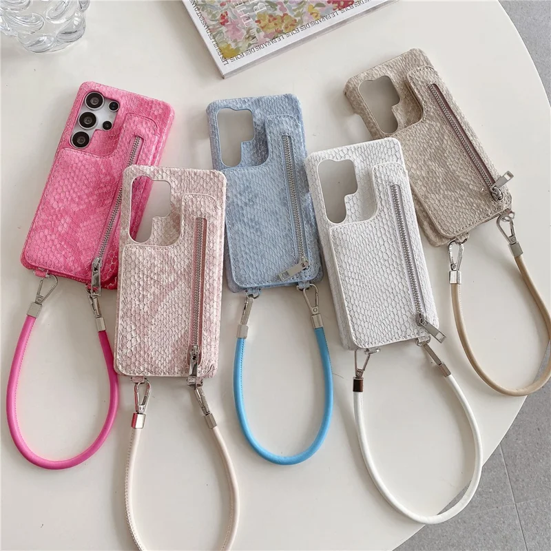 For Samsung Galaxy S24 Ultra Case Zipper Card Holder Mirror Snake Texture PU + PC Back Cover with Lanyard - White