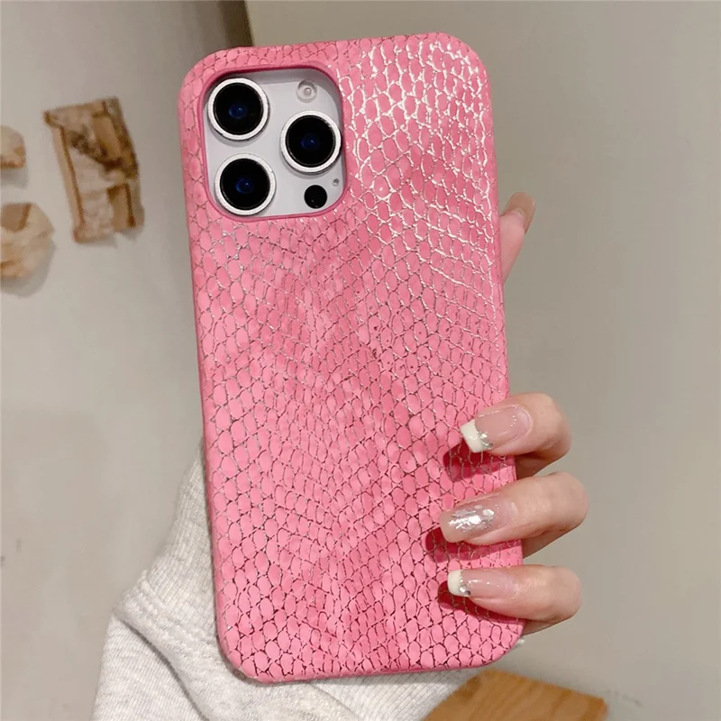 For iPhone 16 Pro Case Gold Thread Lacquered Snake Texture PU + PC Phone Back Cover - Rose