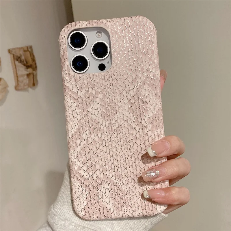 For iPhone 16 Pro Case Gold Thread Lacquered Snake Texture PU + PC Phone Back Cover - Light Pink
