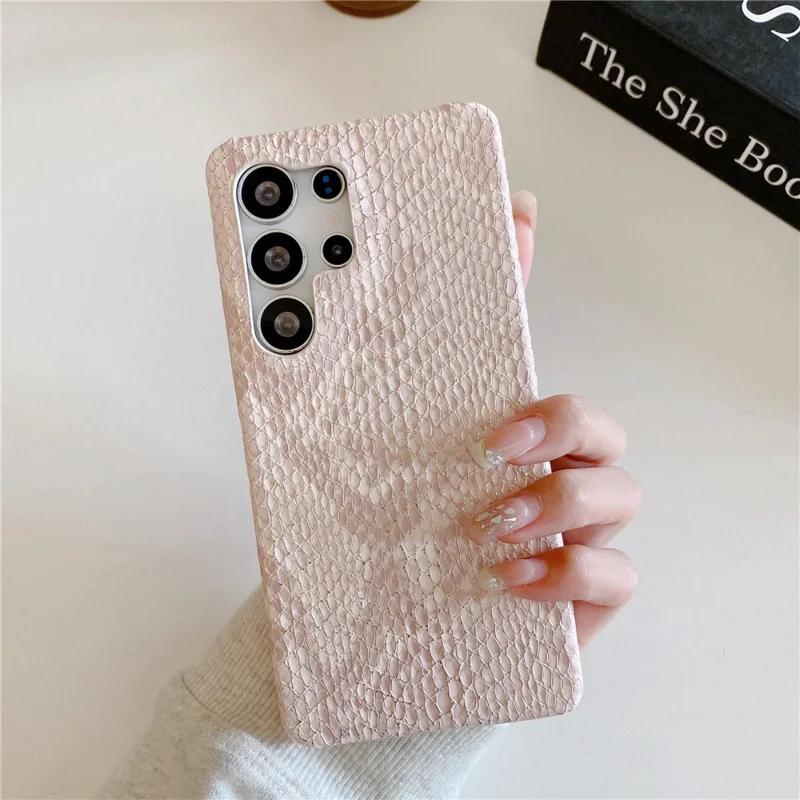 For Samsung Galaxy S24 Ultra Case Gold Thread Lacquered Snake Texture PU + PC Phone Back Cover - Light Pink