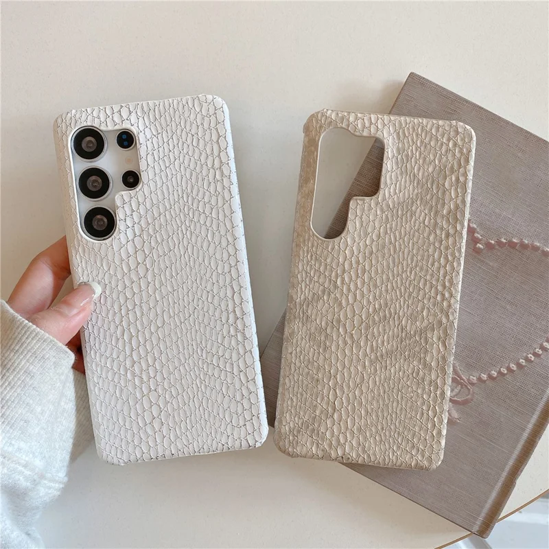 For Samsung Galaxy S24 Ultra Case Gold Thread Lacquered Snake Texture PU + PC Phone Back Cover - Light Pink