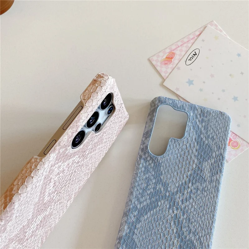 For Samsung Galaxy S24 Ultra Case Gold Thread Lacquered Snake Texture PU + PC Phone Back Cover - Light Pink