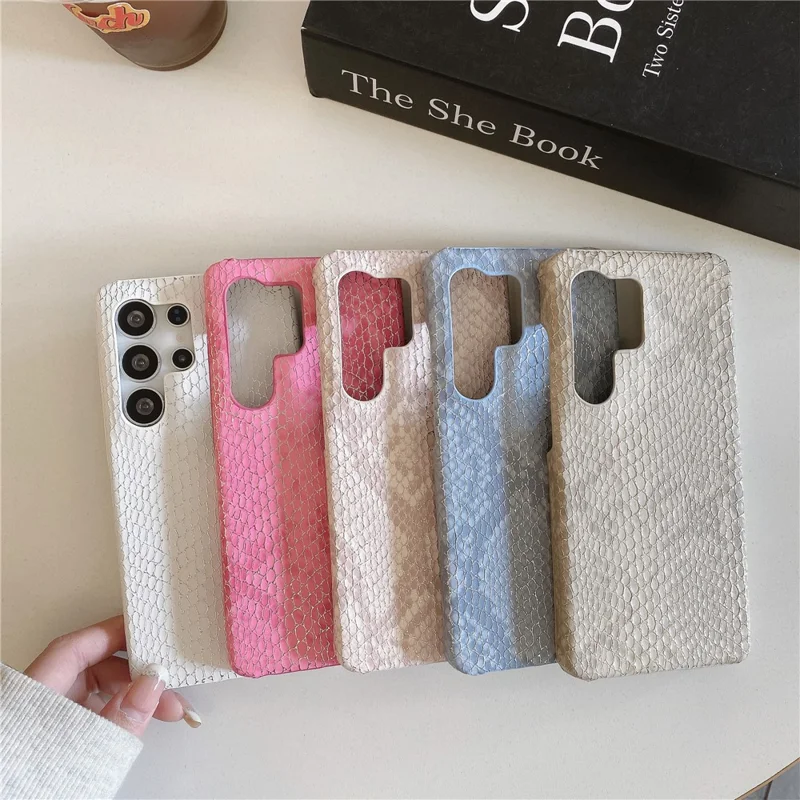 For Samsung Galaxy S24 Ultra Case Gold Thread Lacquered Snake Texture PU + PC Phone Back Cover - Light Pink