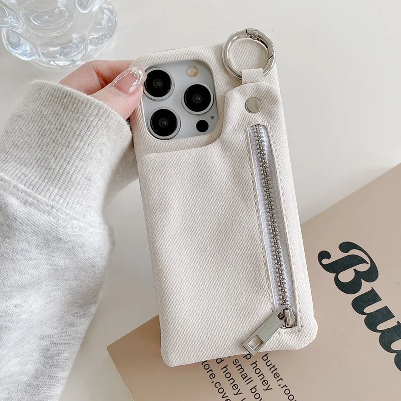 For iPhone 16 Pro Case with Kickstand Zipper Wallet Jeans Texture PU PC Phone Back Cover - White
