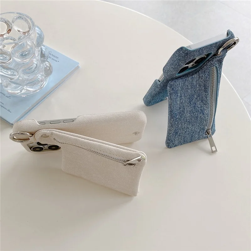 For iPhone 16 Pro Case with Kickstand Zipper Wallet Jeans Texture PU PC Phone Back Cover - White