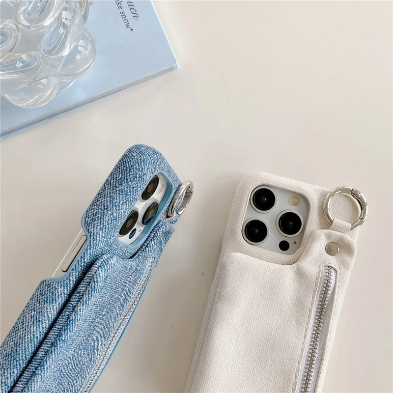 For iPhone 16 Pro Case with Kickstand Zipper Wallet Jeans Texture PU PC Phone Back Cover - White