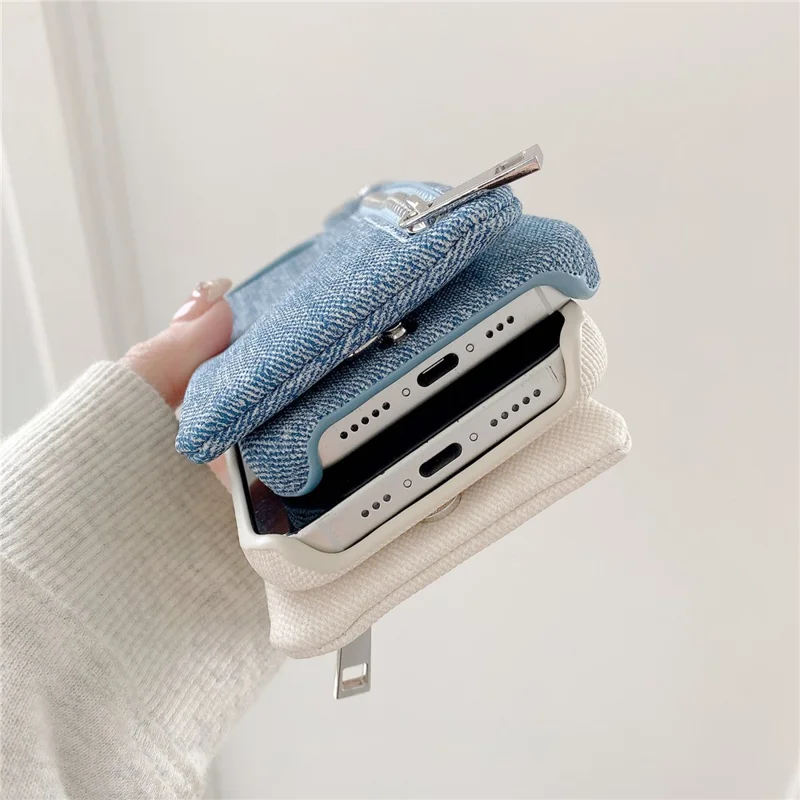 For iPhone 16 Pro Case with Kickstand Zipper Wallet Jeans Texture PU PC Phone Back Cover - White