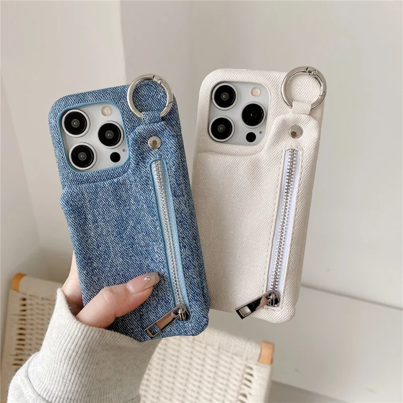 For iPhone 16 Pro Case with Kickstand Zipper Wallet Jeans Texture PU PC Phone Back Cover - White