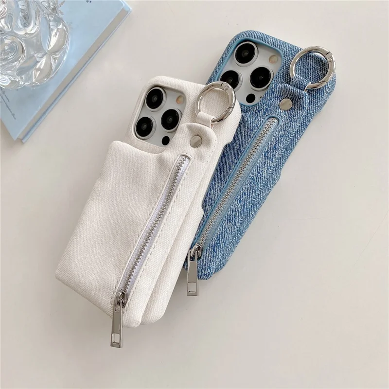 For iPhone 16 Pro Case with Kickstand Zipper Wallet Jeans Texture PU PC Phone Back Cover - White