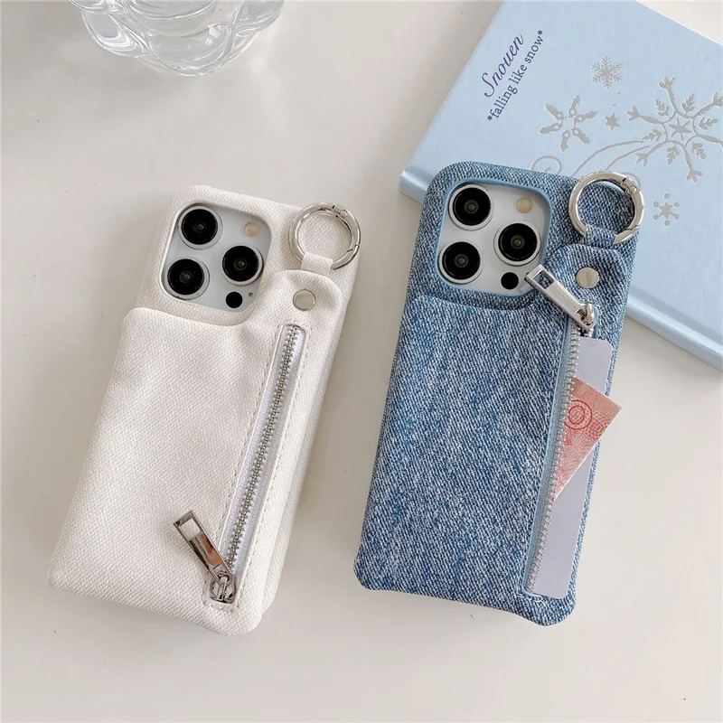 For iPhone 16 Pro Case with Kickstand Zipper Wallet Jeans Texture PU PC Phone Back Cover - White