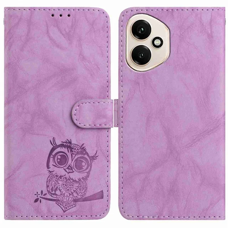 For Honor 400 5G (Global) Case Owl Imprinted PU Leather Wallet Phone Cover with Wrist Strap - Purple