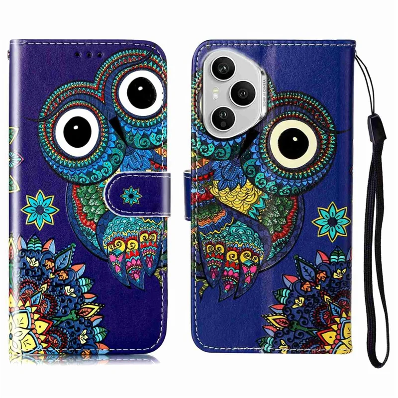 For Honor 400 Pro 5G (Global) Case Pattern Leather Wallet Phone Cover with Strap - Blue Owl
