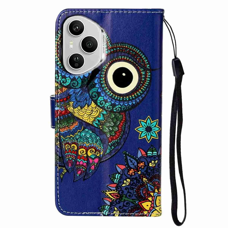 For Honor 400 Pro 5G (Global) Case Pattern Leather Wallet Phone Cover with Strap - Blue Owl