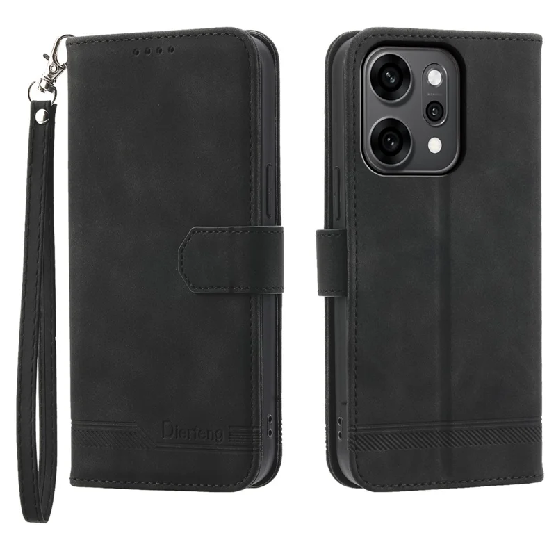 Étui DIERFENG DF-03 pour Oppo Reno14 Pro 5G (Global) Lignes d'impression Portefeuille en cuir Étui de téléphone avec dragonne - Noir
