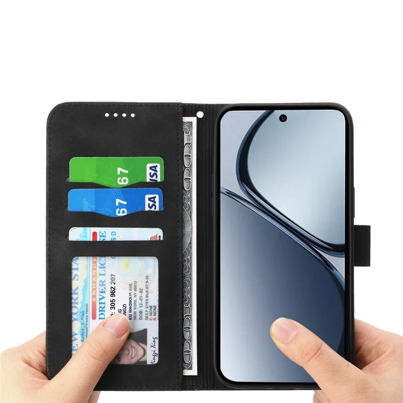 Étui DIERFENG DF-03 pour Oppo Reno14 Pro 5G (Global) Lignes d'impression Portefeuille en cuir Étui de téléphone avec dragonne - Noir