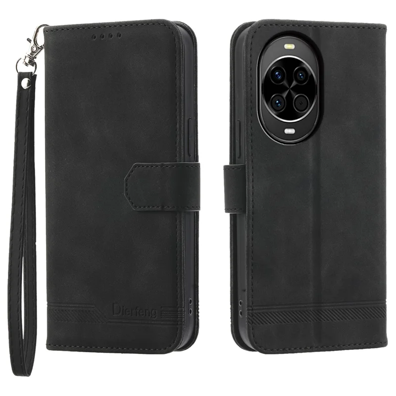 DIERFENG DF-03 Étui portefeuille en cuir avec motif de lignes et dragonne pour Huawei nova 14 5G - Noir