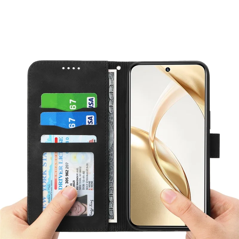 DIERFENG DF-03 Étui portefeuille en cuir avec motif de lignes et dragonne pour Huawei nova 14 5G - Noir