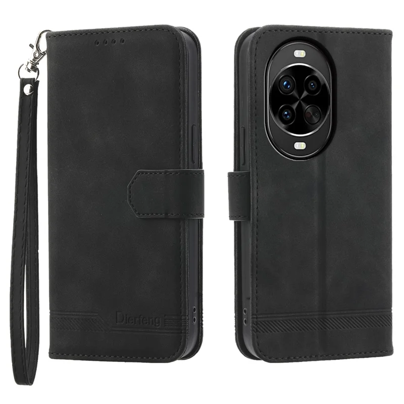 DIERFENG DF-03 Étui portefeuille en cuir avec motif de lignes et dragonne pour Huawei nova 14 Pro 5G - Noir