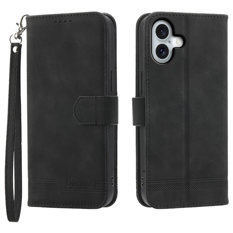 DIERFENG DF-03 Étui pour iPhone 17 Lignes Impression Portefeuille Cuir Housse de Téléphone avec Dragonne - Noir