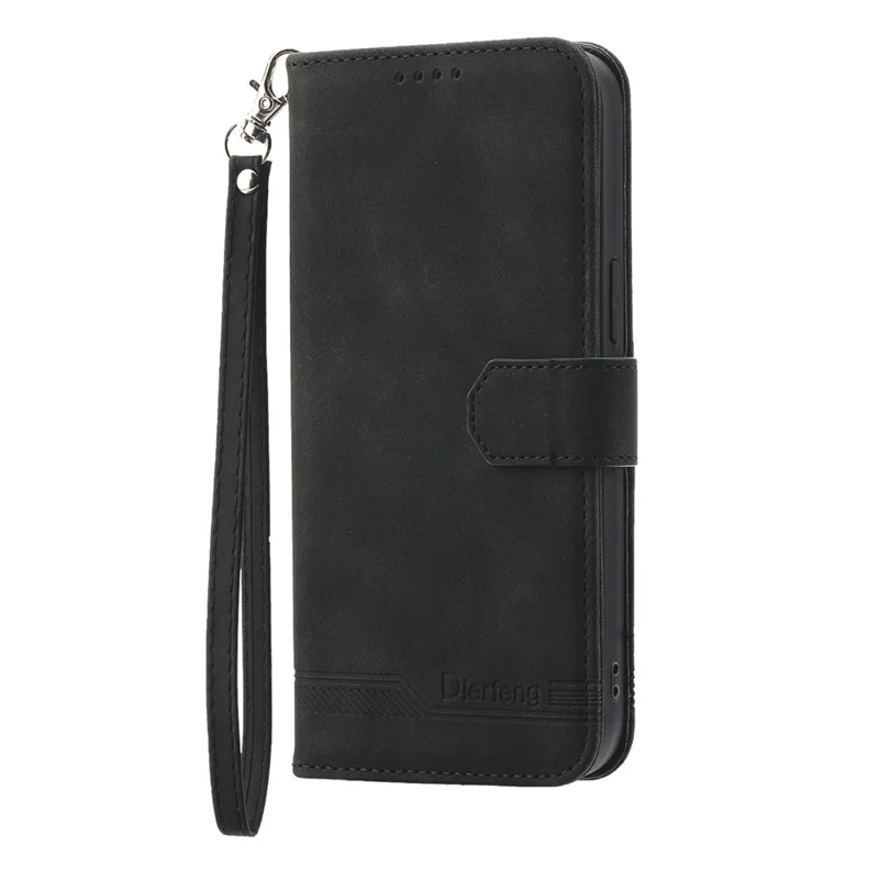 DIERFENG DF-03 Étui Air pour iPhone 17 Lignes d'empreinte Portefeuille Housse en cuir avec Dragonne - Noir