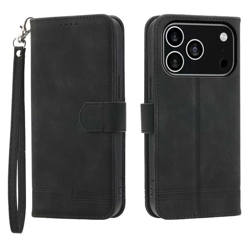 DIERFENG DF-03 Étui portefeuille en cuir avec motif de lignes pour iPhone 17 Pro, avec dragonne - Noir