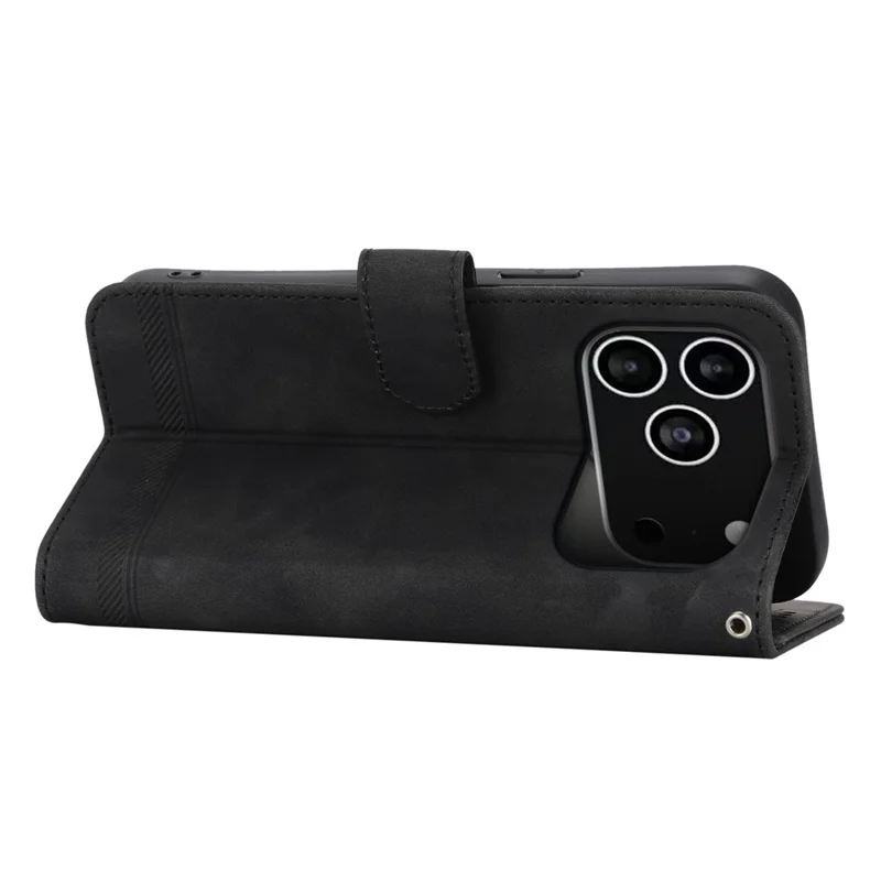 DIERFENG DF-03 Étui portefeuille en cuir avec motif de lignes pour iPhone 17 Pro, avec dragonne - Noir